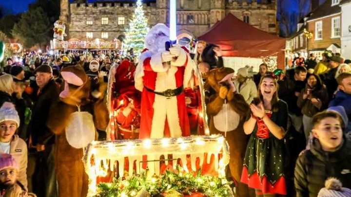 Christmas celebrations and festive lights in Battle, East Sussex