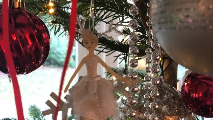 Close-up of Christmas decorations on the tree at Blackfirs Farmhouse