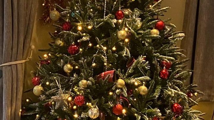 Decorated Christmas tree inside Blackfirs Farmhouse